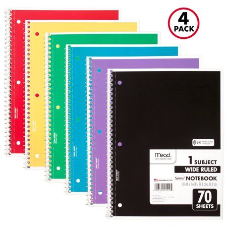 Mead Spiral Notebook, 1 Subject, 4 Pack, Multicolor